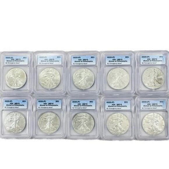 2020 (P) SILVER EAGLE ICG MS70 EMERGENCY ISSUE MINTED AT PHILADELPHIA MINT LABEL - Picture 1 of 2